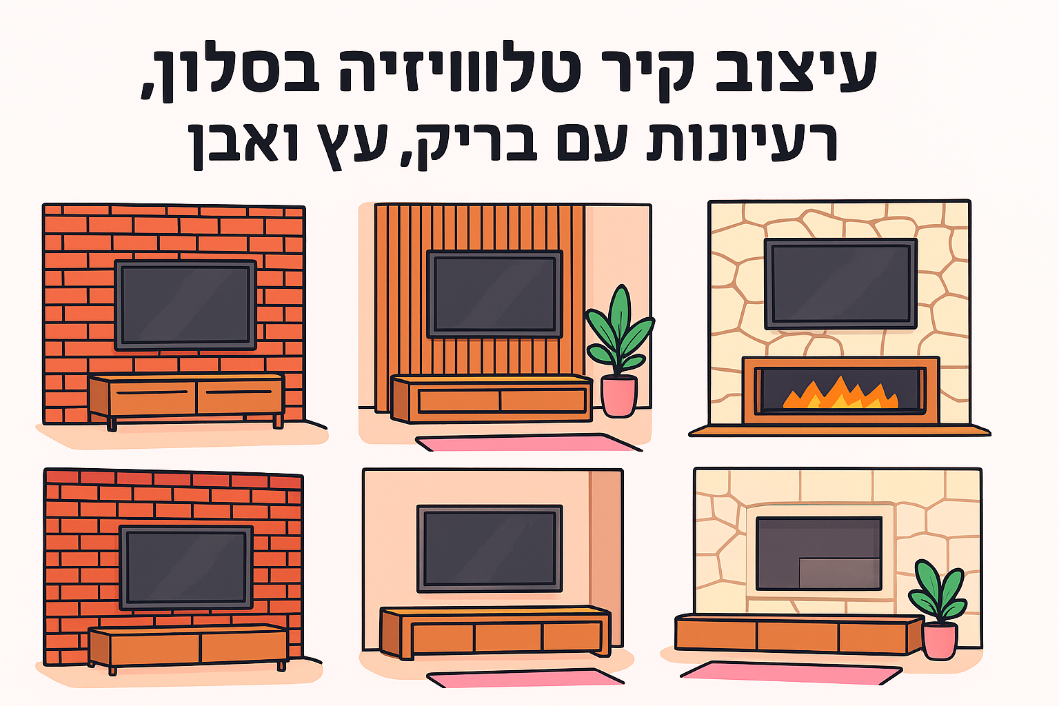 עיצוב קיר טלוויזיה בסלון: 5 רעיונות עם בריק, עץ ואבן